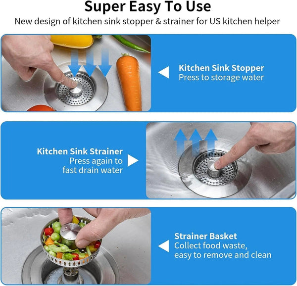 SearchFindOrder Silver Stainless Steel Kitchen Sink Strainer and Pop-Up Stopper