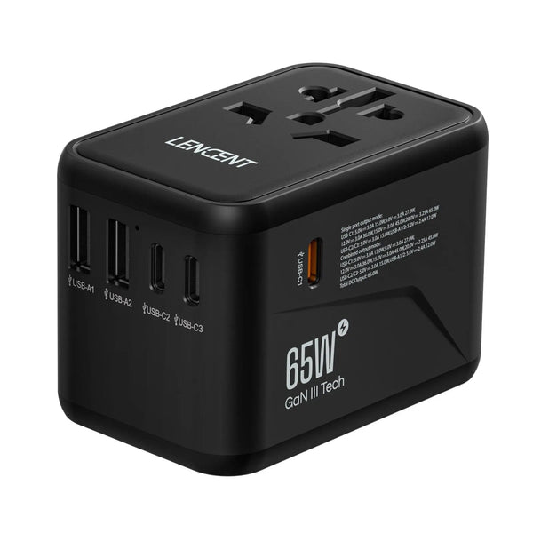 SearchFindOrder Universal Plug / Black 65W GaN 2U3C International Travel Adapter
