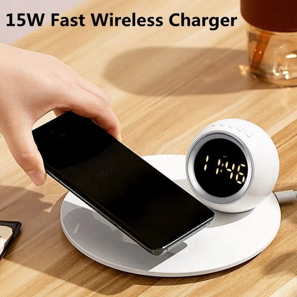 SearchFindOrder White Illuminate Charge Pro 15W Wireless Charging Dock with Alarm Clock, LED Desk Lamp, and Night Light for iPhone, Samsung, Xiaomi