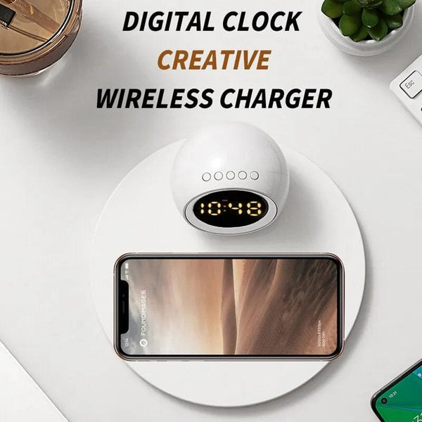 SearchFindOrder White Illuminate Charge Pro 15W Wireless Charging Dock with Alarm Clock, LED Desk Lamp, and Night Light for iPhone, Samsung, Xiaomi