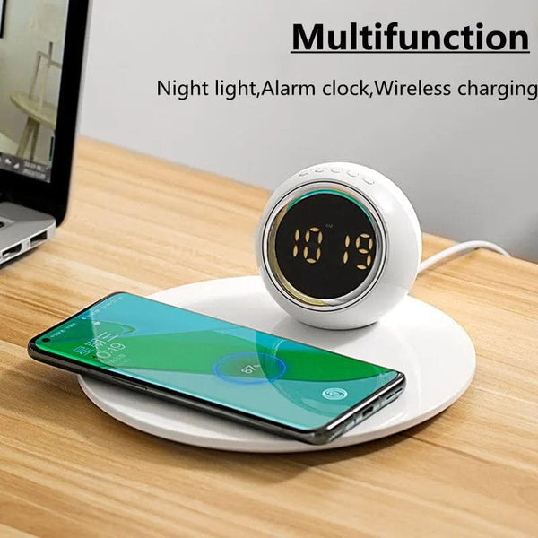 SearchFindOrder White Illuminate Charge Pro 15W Wireless Charging Dock with Alarm Clock, LED Desk Lamp, and Night Light for iPhone, Samsung, Xiaomi