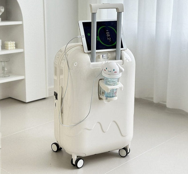 SearchFindOrder White Luggage / 20" Ultimate Stylish Lightweight Travel Suitcase with Charging Port and Cup Holder