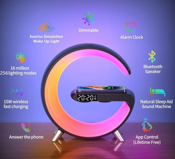 SearchFindOrder Wireless Charging Stand with Alarm Clock, Speaker, and LED Light for Mobile Devices