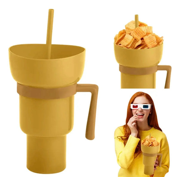 SearchFindOrder Yellow Creative 2-in-1 Popcorn Snack and Beverage Cup with Straw and Handle