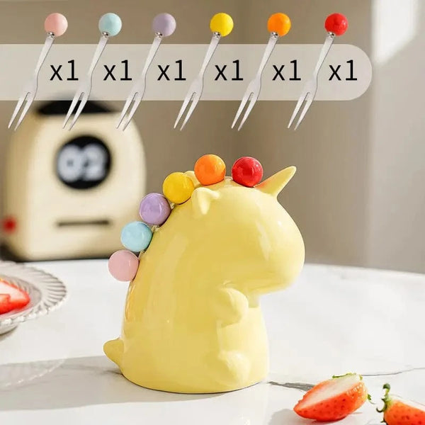 SearchFindOrder Yellow Stainless Steel Unicorn Fruit Fork Set with Ceramic Handle