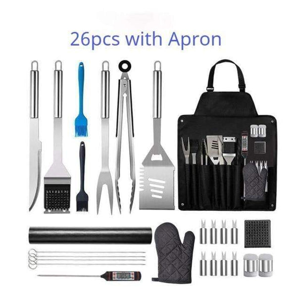 SearchFindOrder 26pcs Apron The Ultimate Apron with 35pcs Stainless Steel BBQ Tool Set