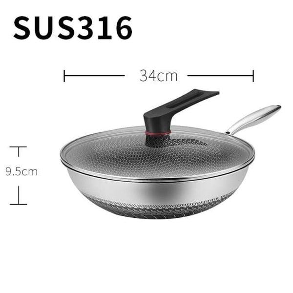 SearchFindOrder 34cm with Lid Stainless-Steel Honeycomb Nonstick Wok