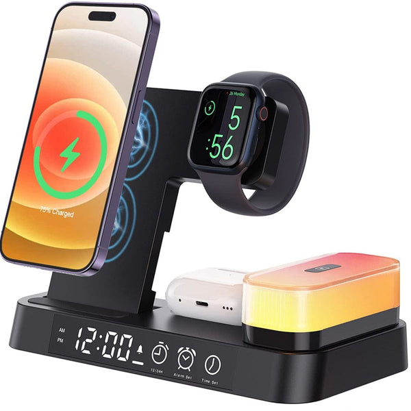SearchFindOrder 5-in-1 Folding Magnetic Wireless Charging Hub with Alarm Clock & Night Light for iPhone