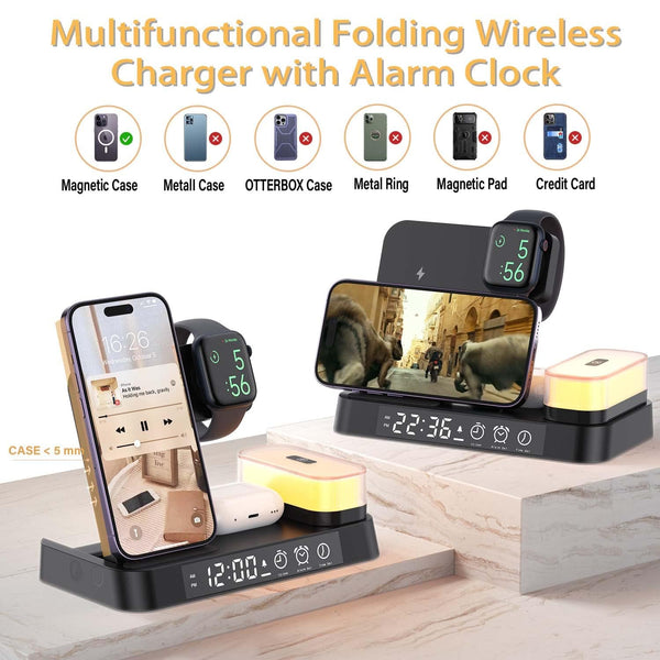 SearchFindOrder 5-in-1 Folding Magnetic Wireless Charging Hub with Alarm Clock & Night Light for iPhone
