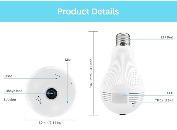 SearchFindOrder Fisheye Mini WiFi Panoramic Security Camera Light Bulb and Two-Way Audio