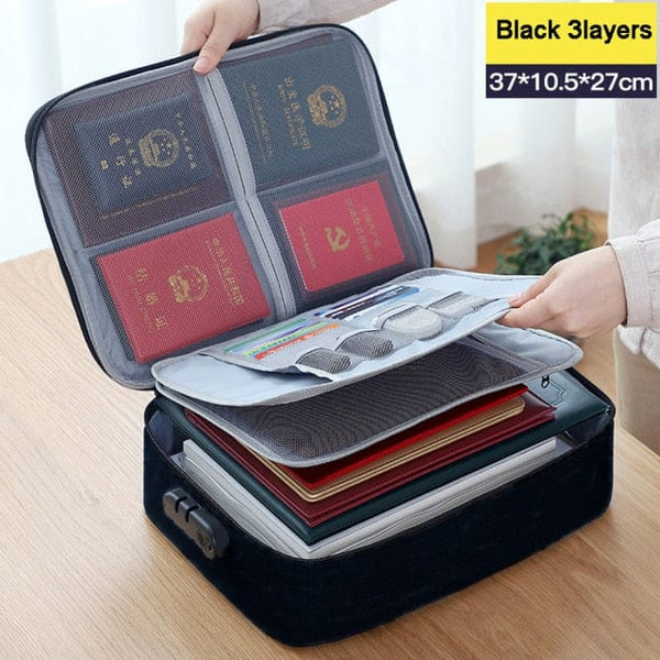 SearchFindOrder Three Layers Black Multifunction Document Bag with Lock