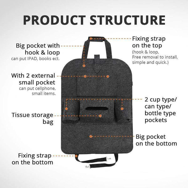 SearchFindOrder Universal Car Back Seat Storage Organizer with Elastic Felt Storage Bag 6 Pockets Organizer
