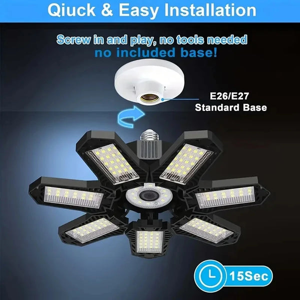 Deformable LED Garage Shop Light with 7+1 Adjustable Panels & E26/E27 Base
