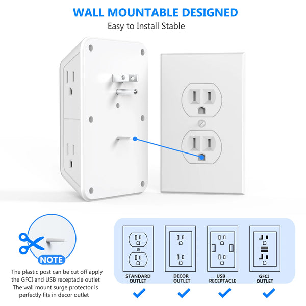 Wall Outlet Extender – 6 AC Outlets + 4 USB Ports (2 USB-C) Fast Charging Power Strip