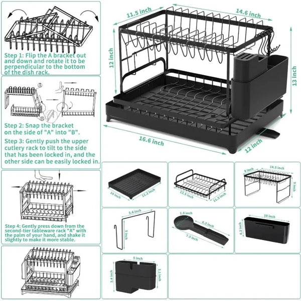 2-Tier Kitchen Dish Drying Rack – Metal Countertop Drainer with Drip Tray