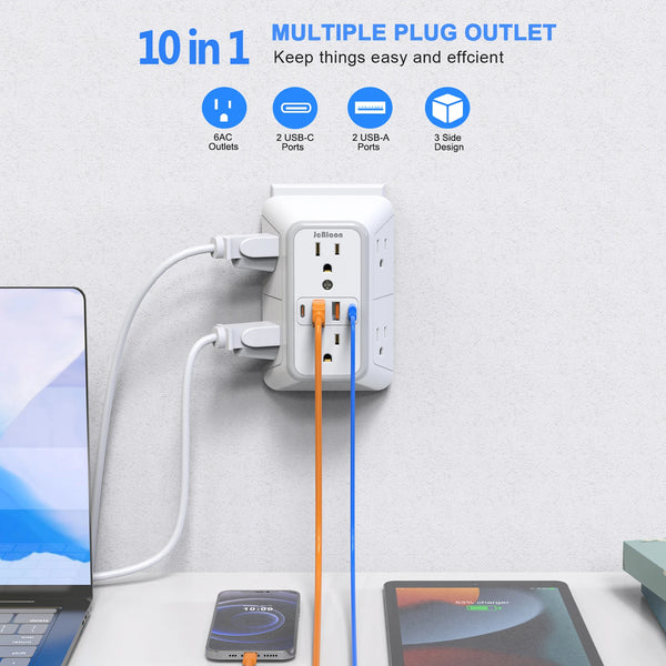 Wall Outlet Extender – 6 AC Outlets + 4 USB Ports (2 USB-C) Fast Charging Power Strip