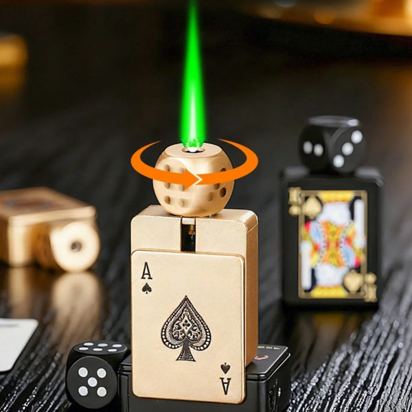 Rotating Dice Playing Cards Windproof Green Flame Gas Lighter – Novelty Collectible Pocket Lighter
