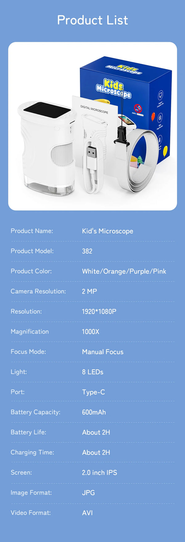 Rechargeable Mini Pocket Digital Microscope with 2.0" Screen - 1000X