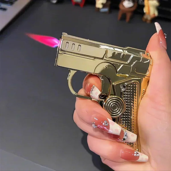 Metal Folding Gun-Style Jet Lighter – Windproof Butane Gas Red Flame Gyroscope Lighter with Laser