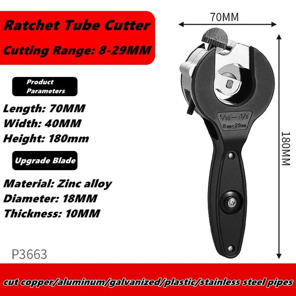 RRatcheting Tubing Cutter – 8–29mm Universal Pipe Cutting Tool with Deburring Function