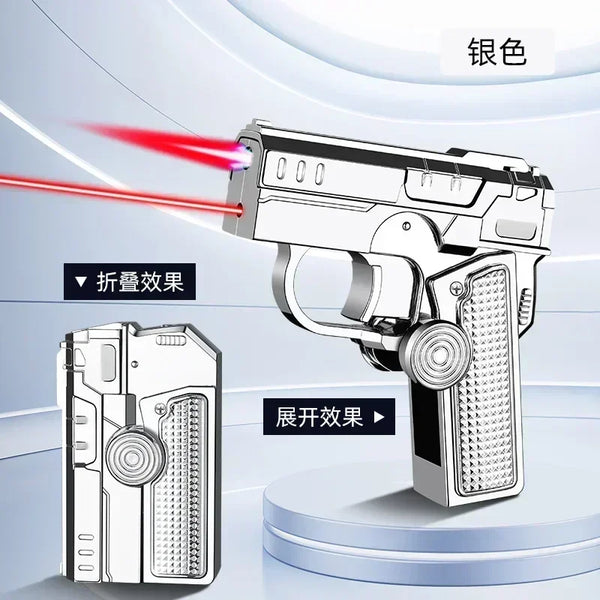 Metal Folding Gun-Style Jet Lighter – Windproof Butane Gas Red Flame Gyroscope Lighter with Laser