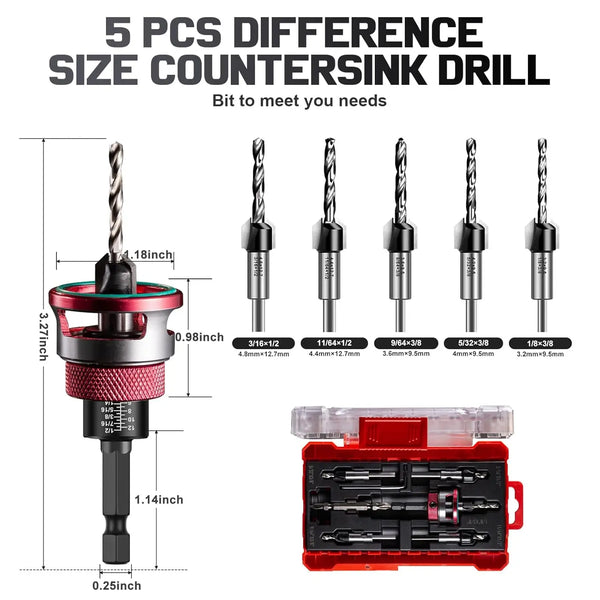 Countersink Drill Bit Set with Depth Stop & Ball Bearing Guide