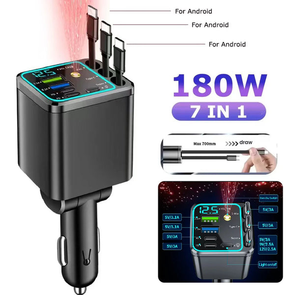 5-in-1 Car Charger with Retractable Cable, PD30W & Voltage Display