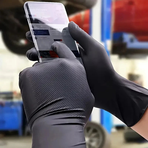 Industrial Black Nitrile Gloves – 8Mil Heavy Duty Disposable Diamond Textured Latex-Free Gloves