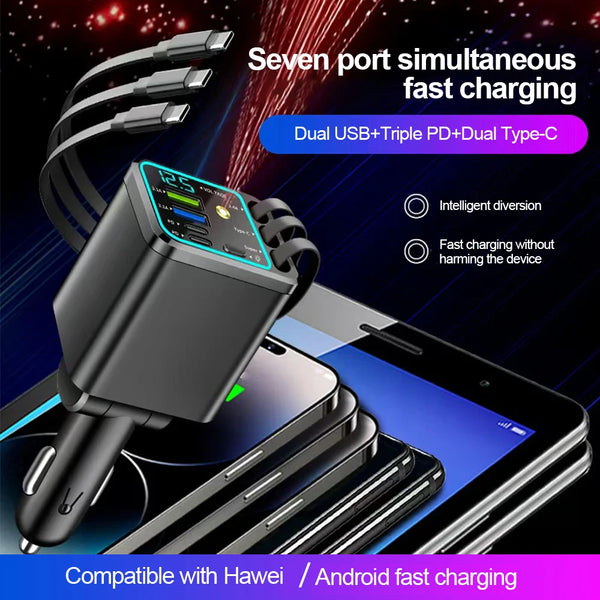 5-in-1 Car Charger with Retractable Cable, PD30W & Voltage Display