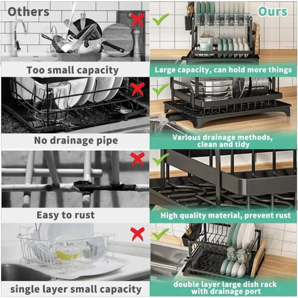 2-Tier Kitchen Dish Drying Rack – Metal Countertop Drainer with Drip Tray