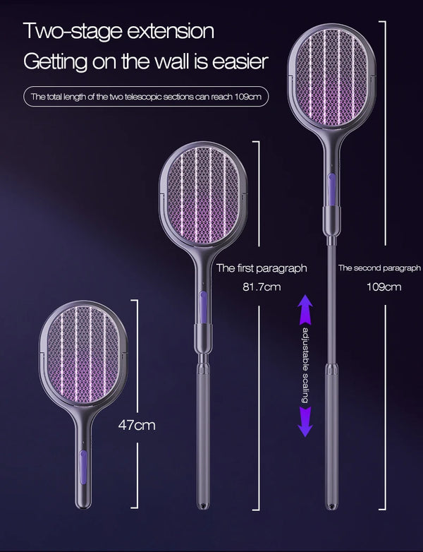 6-in-1 Retractable Electric Mosquito Swatter & Bug Trap Lamp – USB Rechargeable Fly Zapper with Extendable Handle