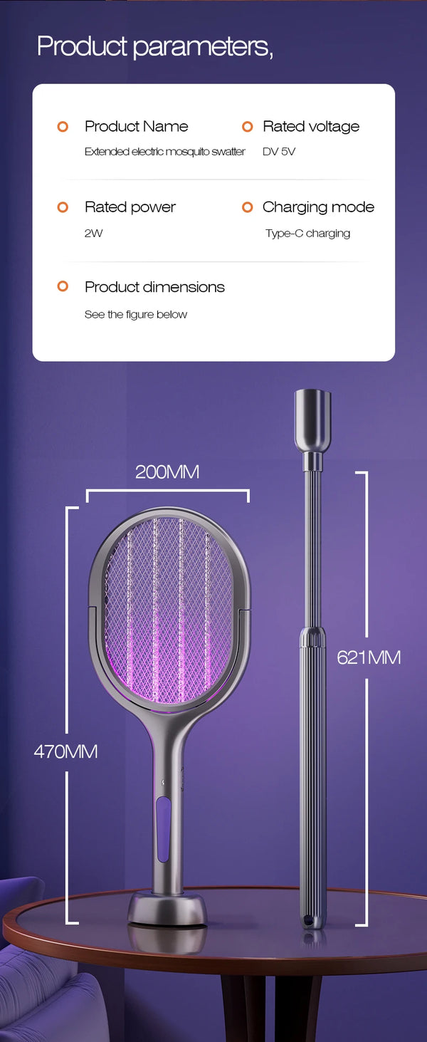 6-in-1 Retractable Electric Mosquito Swatter & Bug Trap Lamp – USB Rechargeable Fly Zapper with Extendable Handle
