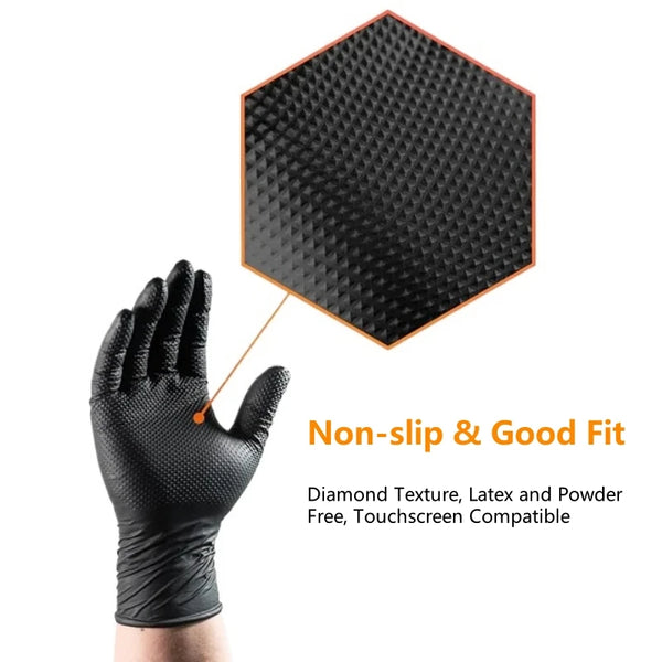 Industrial Black Nitrile Gloves – 8Mil Heavy Duty Disposable Diamond Textured Latex-Free Gloves