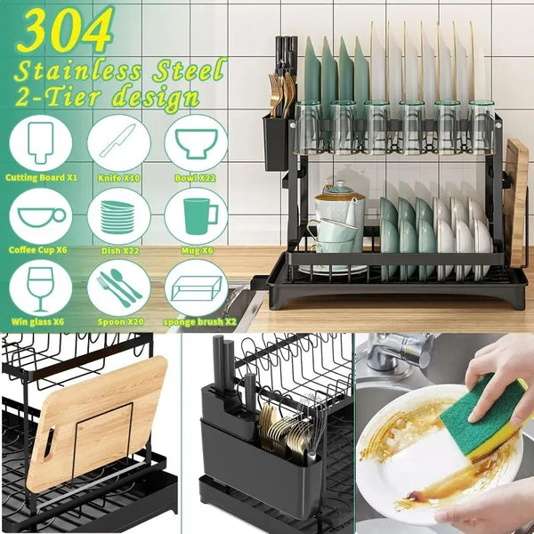 2-Tier Kitchen Dish Drying Rack – Metal Countertop Drainer with Drip Tray