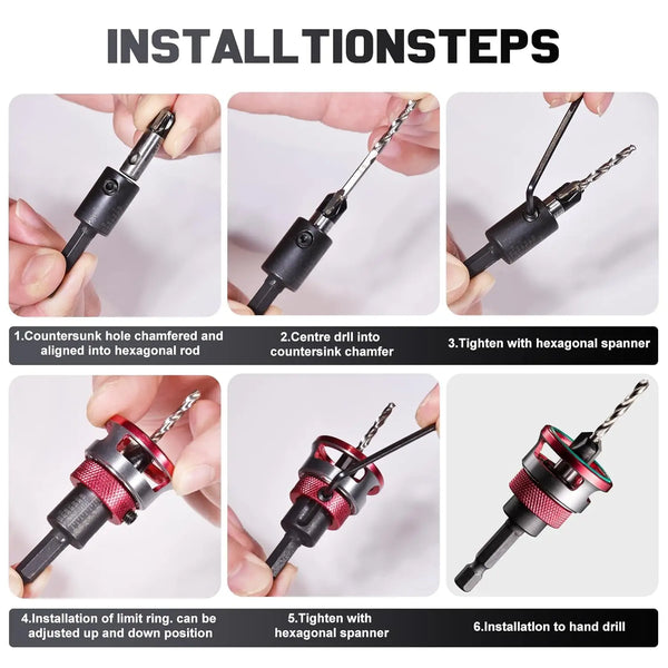 Countersink Drill Bit Set with Depth Stop & Ball Bearing Guide