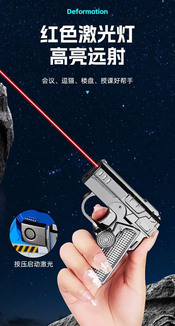 Metal Folding Gun-Style Jet Lighter – Windproof Butane Gas Red Flame Gyroscope Lighter with Laser