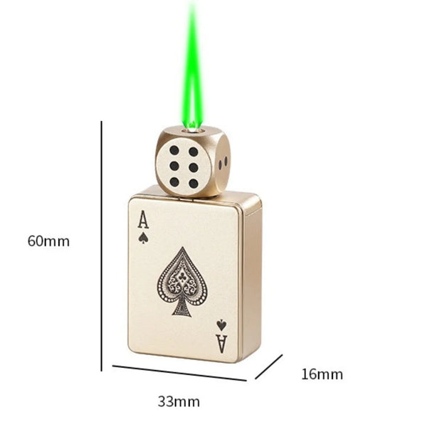 Rotating Dice Playing Cards Windproof Green Flame Gas Lighter – Novelty Collectible Pocket Lighter
