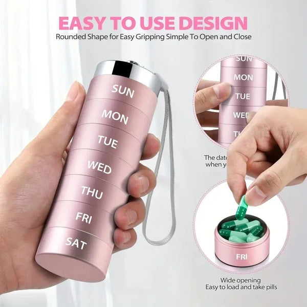 7-Day Waterproof Pill Organizer – Large Capacity Aluminum Alloy Travel Medicine & Supplement Container