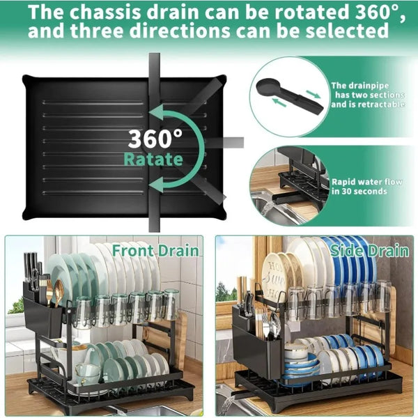 2-Tier Kitchen Dish Drying Rack – Metal Countertop Drainer with Drip Tray