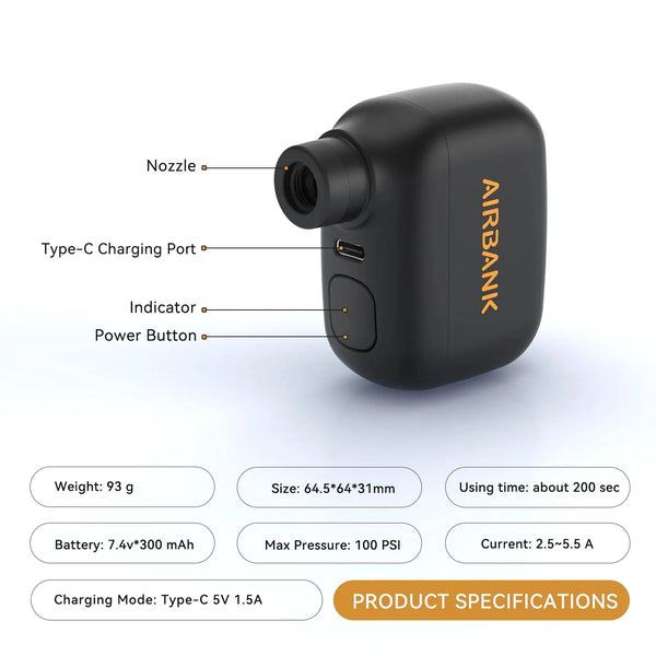 AIRBANK Mini Portable Bicycle Pump – Rechargeable 100PSI Electric Bike Tire Inflator