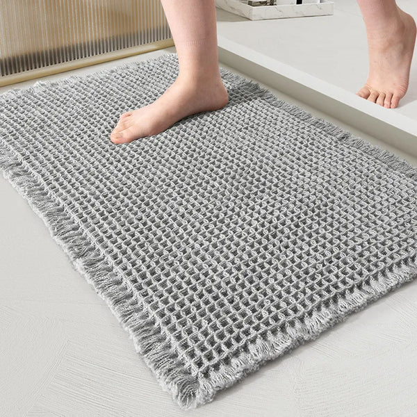 Microfiber Waffle Bath Mat – Absorbent Non-Slip Tassel Bathroom Rug