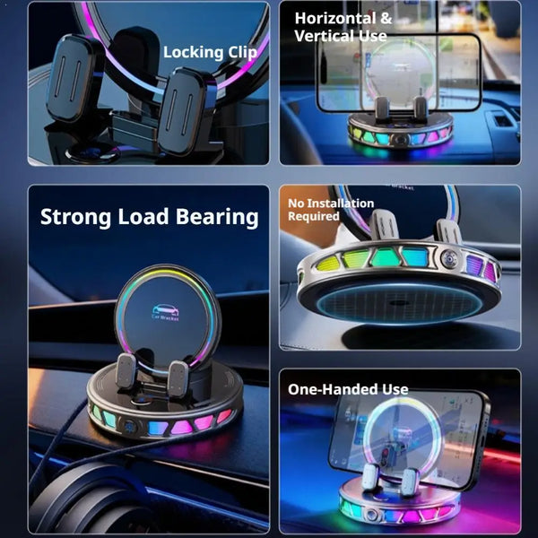 Smart Clamping Car Phone Mount with RGB Light & 360° Rotation