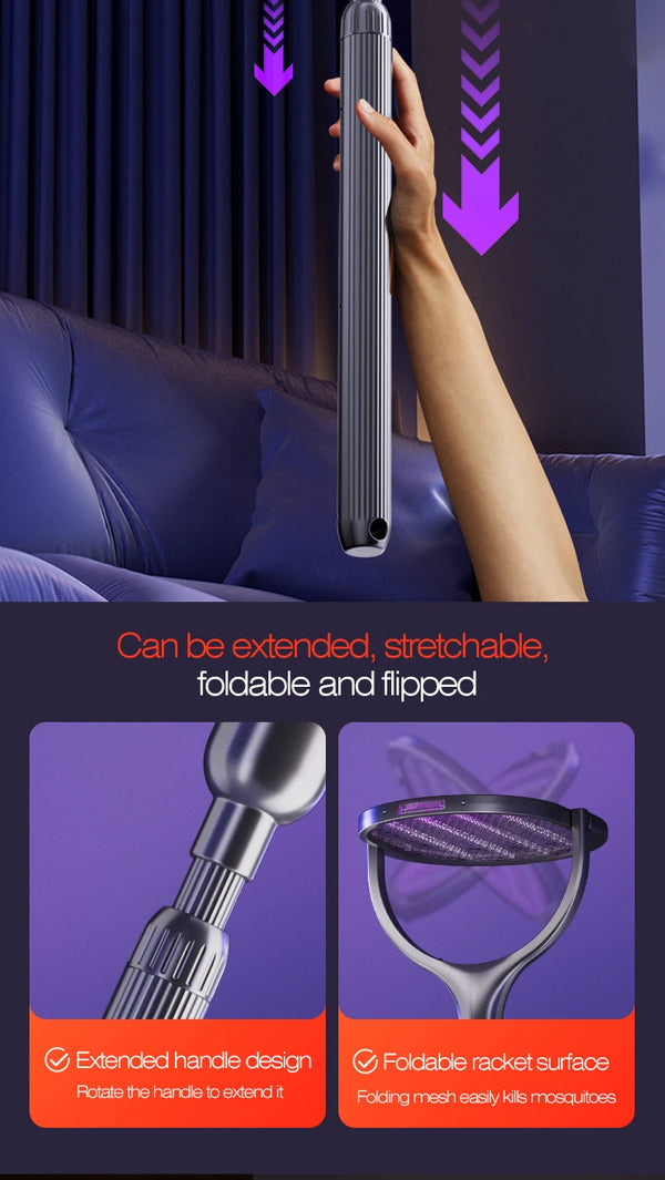 6-in-1 Retractable Electric Mosquito Swatter & Bug Trap Lamp – USB Rechargeable Fly Zapper with Extendable Handle