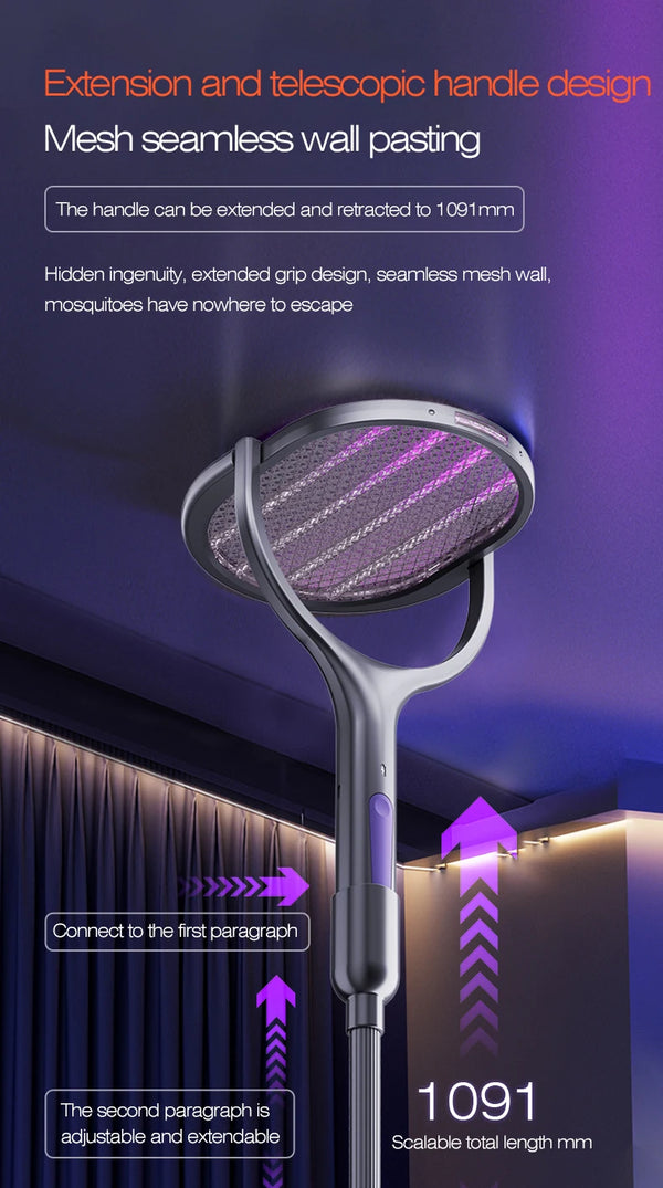 6-in-1 Retractable Electric Mosquito Swatter & Bug Trap Lamp – USB Rechargeable Fly Zapper with Extendable Handle