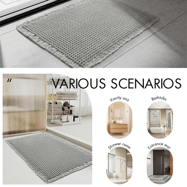 Microfiber Waffle Bath Mat – Absorbent Non-Slip Tassel Bathroom Rug