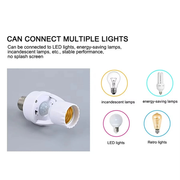 Smart Motion Sensor Light Bulb Holder – E27 PIR Auto On/Off Adapter (AC 110V–220V)
