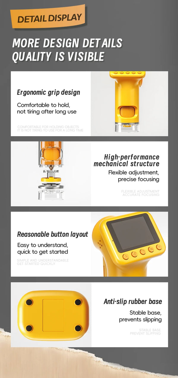 1600X Handheld Digital Microscope with 2-Inch HD Screen – Portable Electronic Magnifier with Camera & Video, 3-Level Lighting, Multilingual Interface