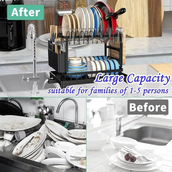 2-Tier Kitchen Dish Drying Rack – Metal Countertop Drainer with Drip Tray