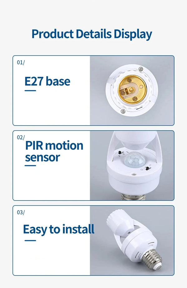 Smart Motion Sensor Light Bulb Holder – E27 PIR Auto On/Off Adapter (AC 110V–220V)