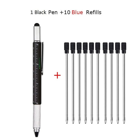 SearchFindOrder 1 Black 10 Blue ink Multifunctional 6-in-1 Precision Pen Screwdriver Ruler Caliper Touchscreen Stylus Level and Ballpoint Pen